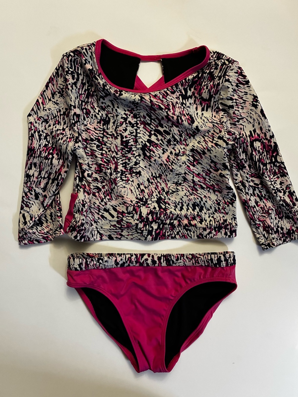 Zella Girls Swim Set in Magenta and Black with Abstract Print